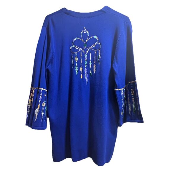 vintage Bob Mackie Wearable Art Blue Embroidered Feather Bead Cardigan Sweater M - Picture 4 of 5